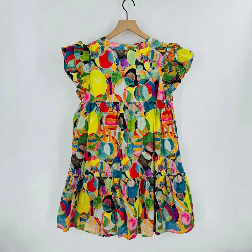 TCEC Vibrant Abstract A-Line Cotton Dress Colorful Tiered Mini Ruffle Size L - Picture 2 of 9